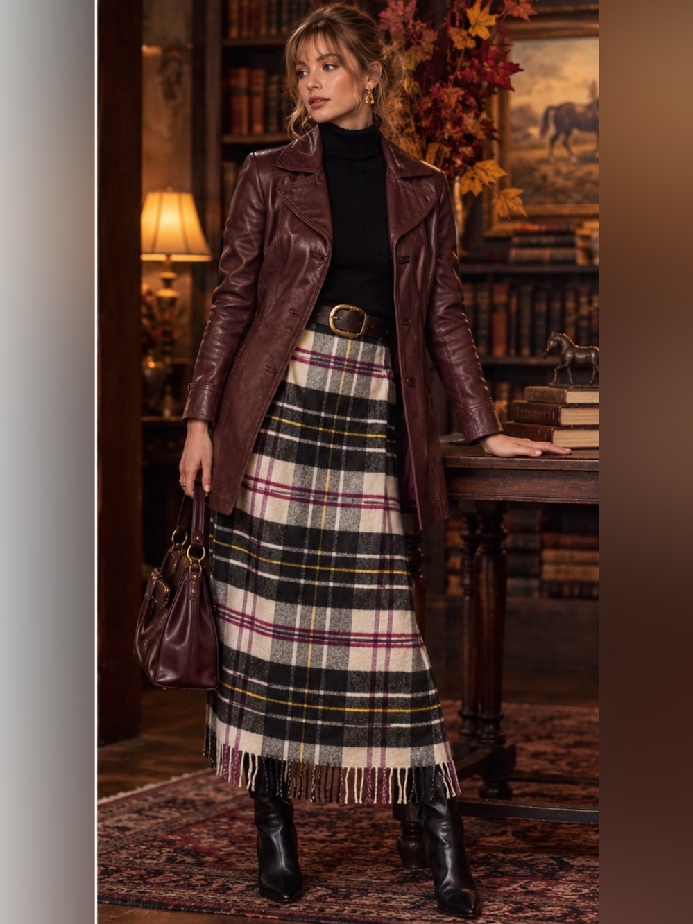 Cashmere Wool Plaid Skirt VINTAGE Fringe Maxi Fall Autumn Fashion Tartan Wrap